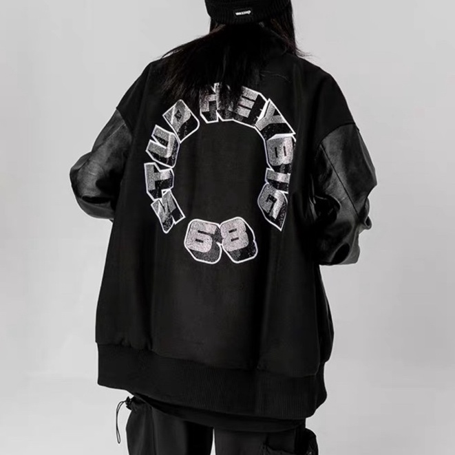 Áo khoác Bomber Jacket Varsity chất dạ tay da đính đá form rộng chuẩn hàng