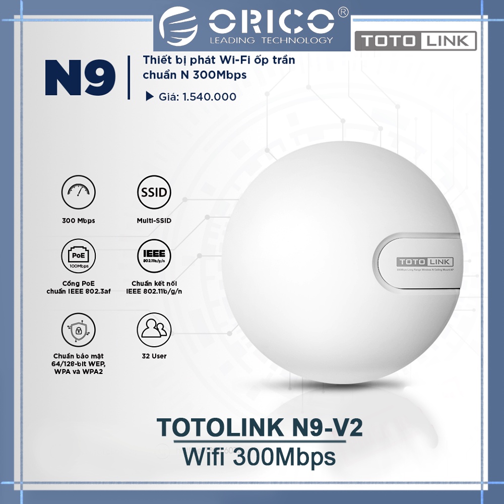 Thiết bị phát Wi-Fi ốp trần chuẩn N 300Mbps TOTOLINK N9_V2 Vùng phủ sóng wifi rộng - Hàng chính hãng