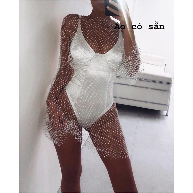 Áo lưới đá bling tay dài