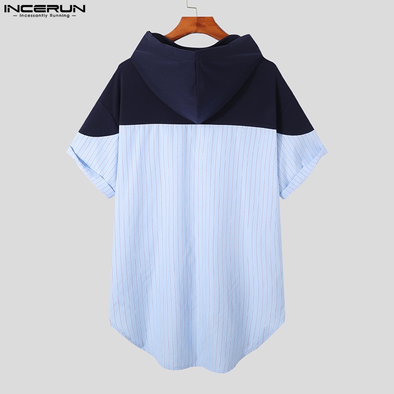 Áo hoodie INCERUN ngắn tay dáng rộng phối màu cá tính thời trang cho nam