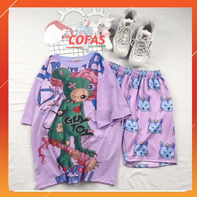 Bộ hoạt hình ngắn cute ♥️ FREESHIP ♥️ Set áo thun tay lỡ, quần short cartoon