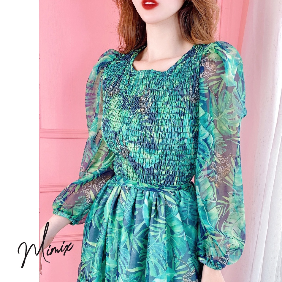 Đầm maxi tay dài bo chun họa tiết hoa hồng MIMIX BT4250 | BigBuy360 - bigbuy360.vn