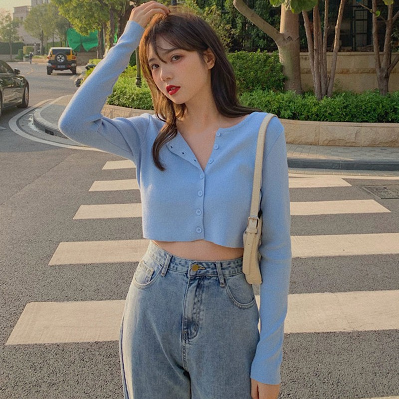 Áo Cardigan Tay Dài Cổ Tròn Thiết Kế Ôm Sát Tôn Dáng