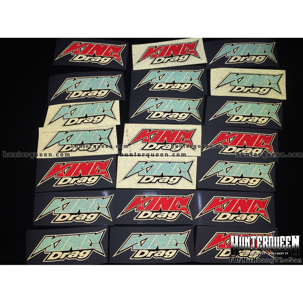 Chữ King Drag xanh đỏ phản quang [9.4x3.1cm]. Decal cao cấp chống nước, tem dán trang trí nón bảo hiểm, logo sticker