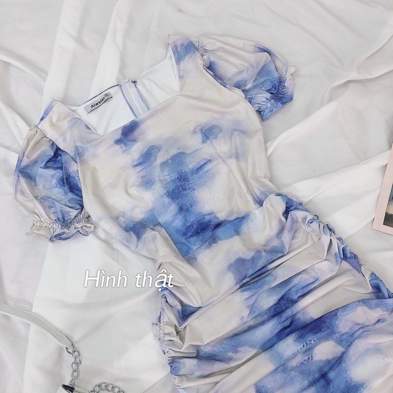 Free ship_Đầm body cổ U màu Loang xanh | BigBuy360 - bigbuy360.vn