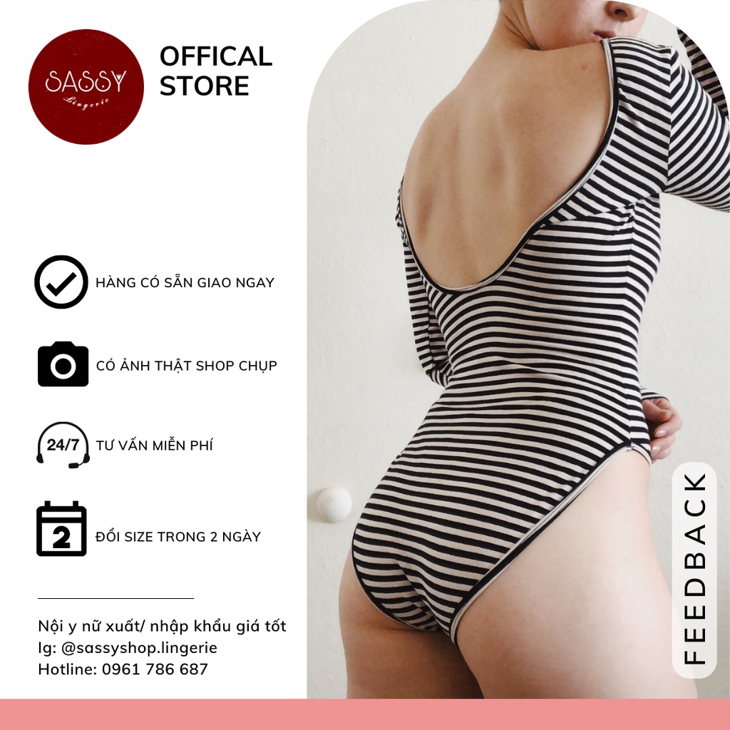 Bộ bodysuit nữ áo liền thân thun cotton sọc ngang trắng đen cơ bản cá tính tay dài co giãn thoải mái cho nữ
