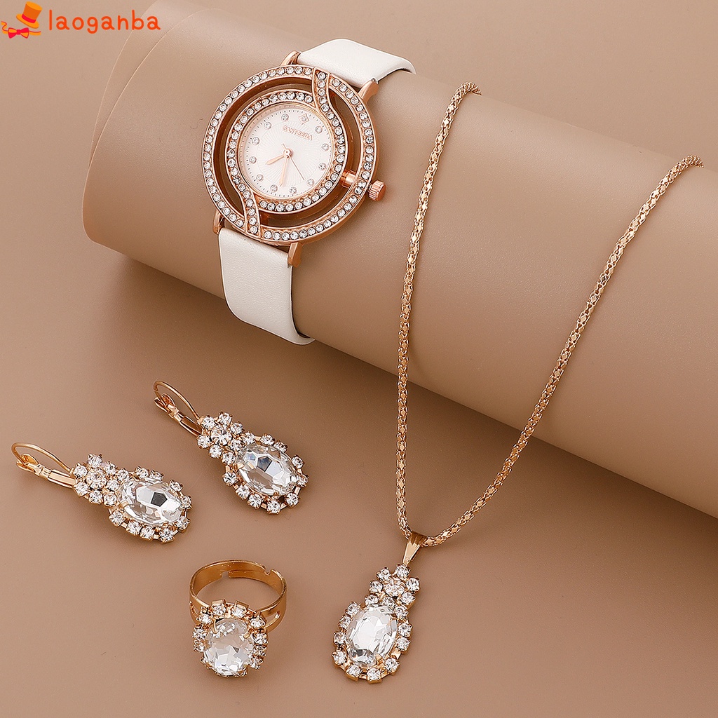 Bộ Đồng Hồ Đeo Tay Dây Da PU + Vòng cổ + Nhẫn + Khuyên Tai Thời Trang Cho Nữ