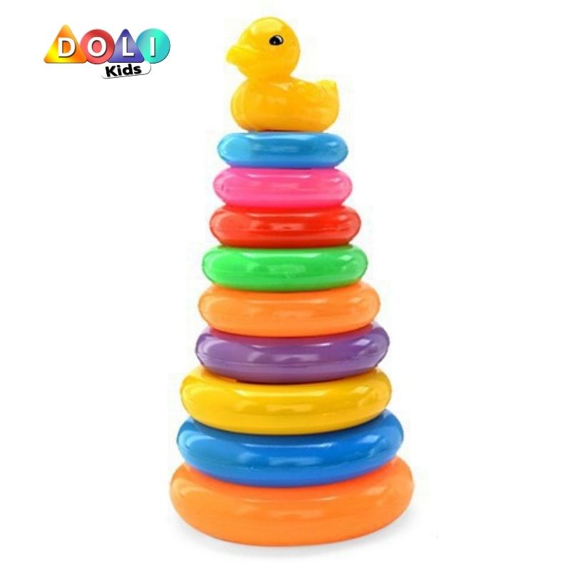 Đồ chơi tháp xếp chồng Vịt 9 tầng, Bộ xếp hình tháp tròn cầu vồng cho bé Doli Kids