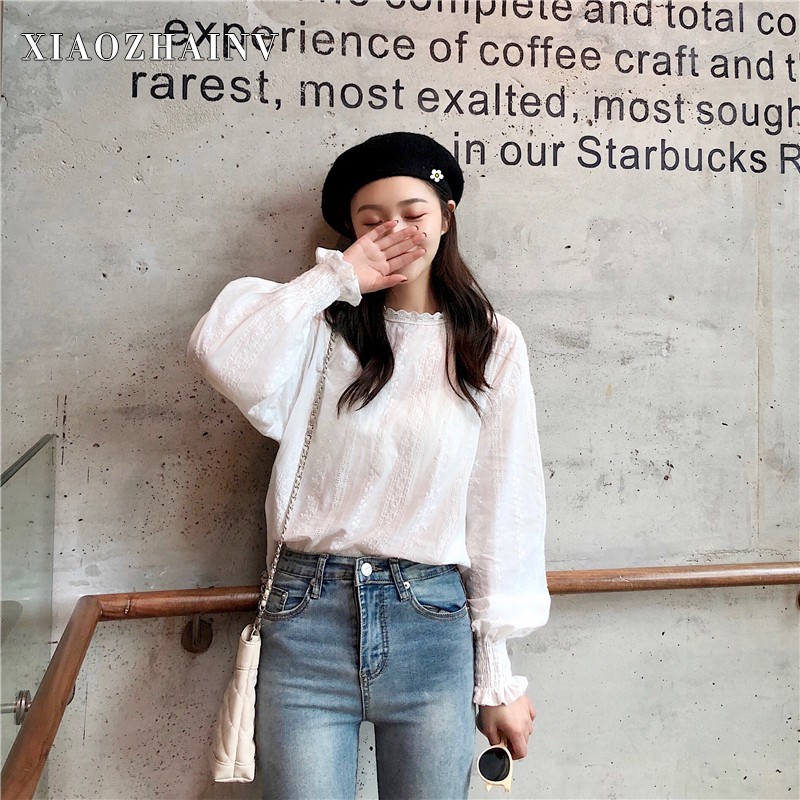 Áo kiểu tay dài phối ren Xiaozhainv hoa thiết kế dáng rộng thoải mái | BigBuy360 - bigbuy360.vn