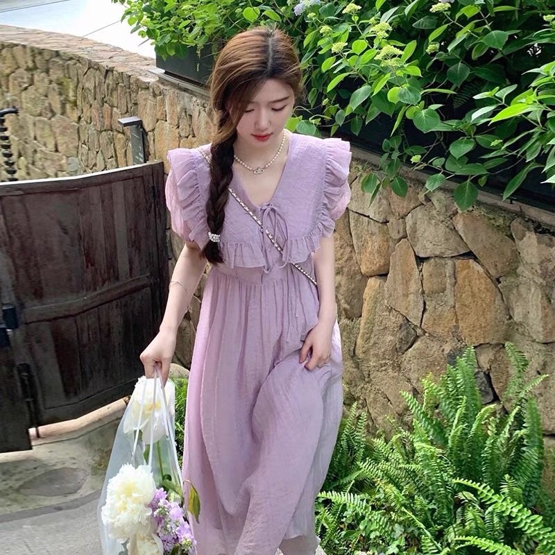 Đầm maxi vải tơ 2 lớp cổ bèo vành to thắt nơ ulzzang, Váy tiểu thư dáng dài cộc tay kiểu nàng thơ siêu đẹp  (TTA136)