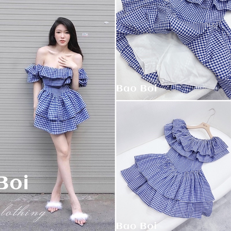 Váy Xinh Caro Xanh Trễ Vai - Váy Tầng Dáng Xoè Ulzzang Style (Hàng Loại 1)