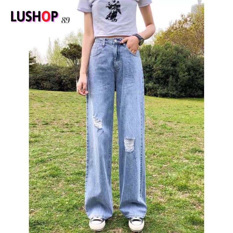 Quần jean bò ống rộng màu Xanh nhạt Rách Gối quần jean bò ống suông jeans nữ cạp cao hot 2021 QT33 | BigBuy360 - bigbuy360.vn