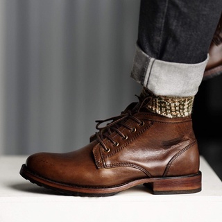 Giày boot nam LOGAN REDWING cao cổ màu nâu, giày phượt cổ lửng da bò thật vintage bụi bặm TONKIN