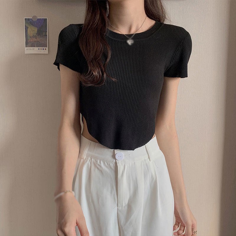Áo thun ngắn tay cổ tròn hở rốn dáng ôm thời trang cho nữ