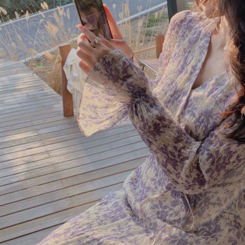 Váy maxi hoa dài tay voan nữ tính