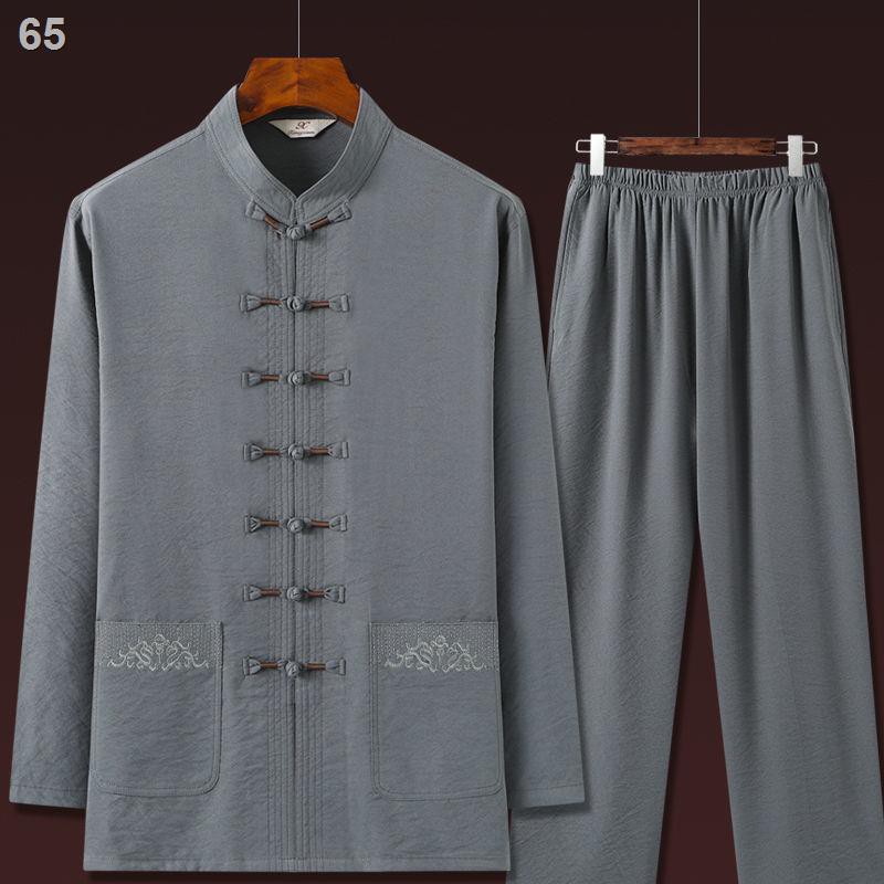 Tang trung niên và cao tuổi Bộ đồ nam dài tay băng lụa cotton bố ông già kiểu Quốc nội
