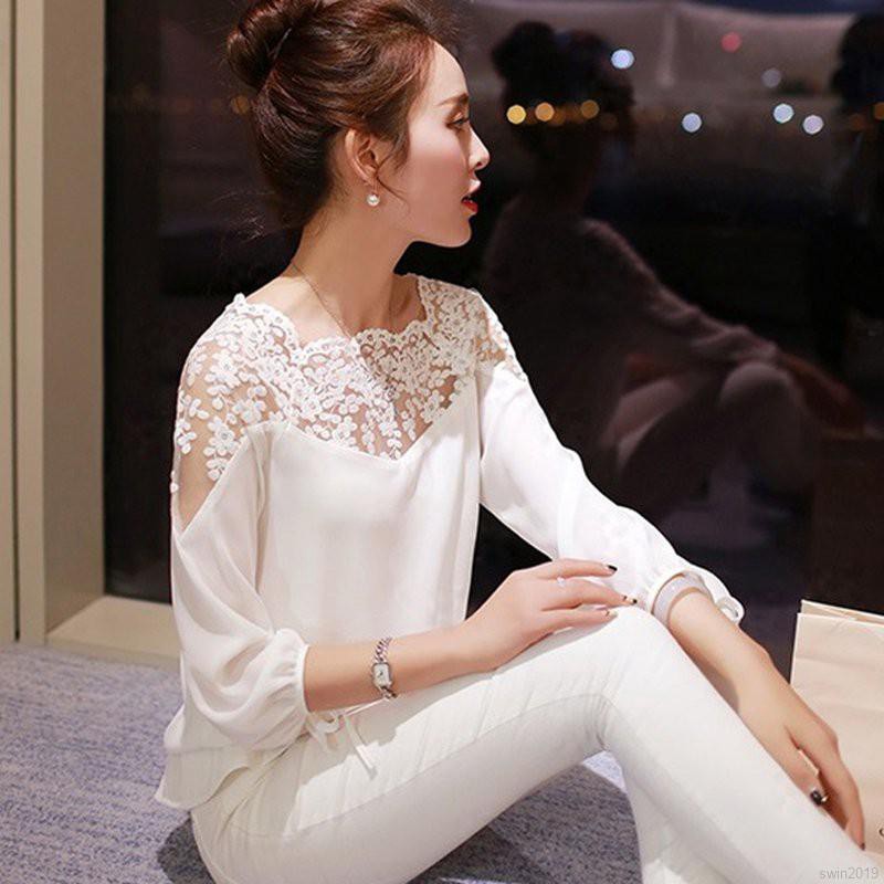 Áo kiểu chất Chiffon tay dài phối ren hoa thiết kế ngọt ngào cho phái nữ
