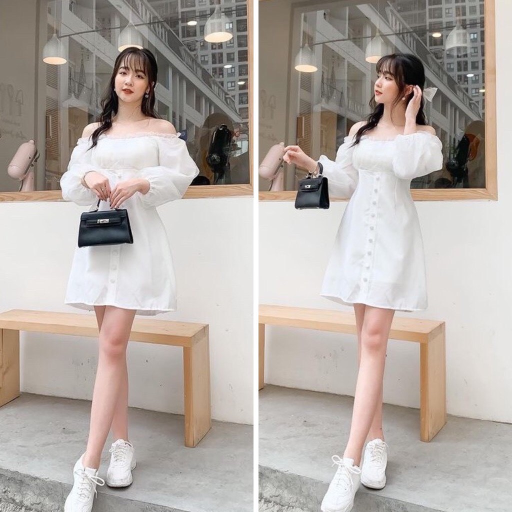 Váy trắng trễ vai bèo ngực cúc bọc tay bồng - Đầm trắng kỉ yếu siêu xinh