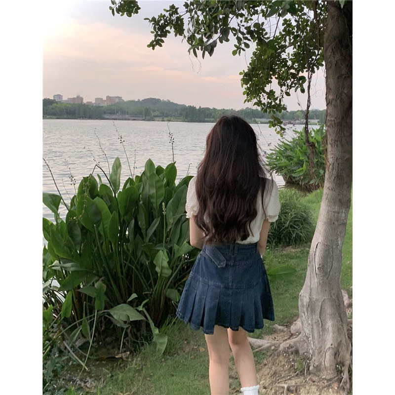 Chân Váy Jean Chữ A Lưng Cao Xếp Ly Thời Trang Mùa Hè Phong Cách Hàn Quốc Cho Nữ