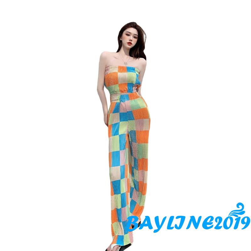 Set Đồ 2 Món Áo Không Tay Không Dây + Quần Ống Rộng Lưng Thun Co Giãn Cho Nữ