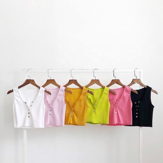 Áo Croptop Sát Nách Cổ Xẻ V Nút Bấm ( Ảnh Thật )