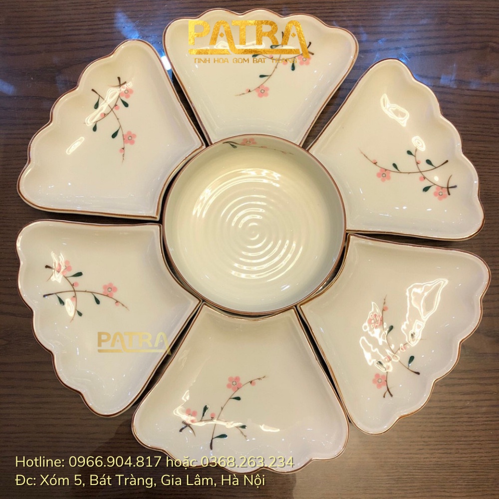 bộ bát đĩa hoa mặt trời, bát đĩa sứ men kem Bát Tràng họa tiết hoa đào thờ cúng gia tiên