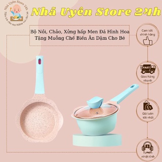 Bộ Nồi, Chảo, Xửng hấp Men Đá Hình Hoa Tặng Muỗng Chế Biến Ăn Dặm Cho Bé