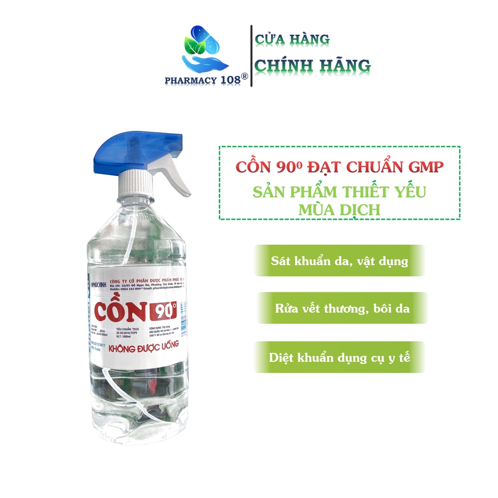 Cồn 90 độ, 70 độ Phúc Vinh Sát Trùng Diệt khuẩn có vòi xịt Chai 1000ml