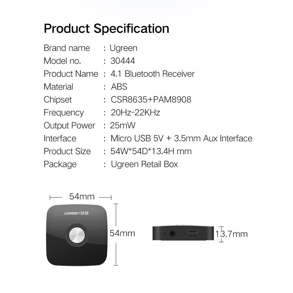 Thiết bị nhận AUX Bluetooth Receiver 4.2 cho loa, amply hỗ trợ cổng 3.5mm Ugreen 40758