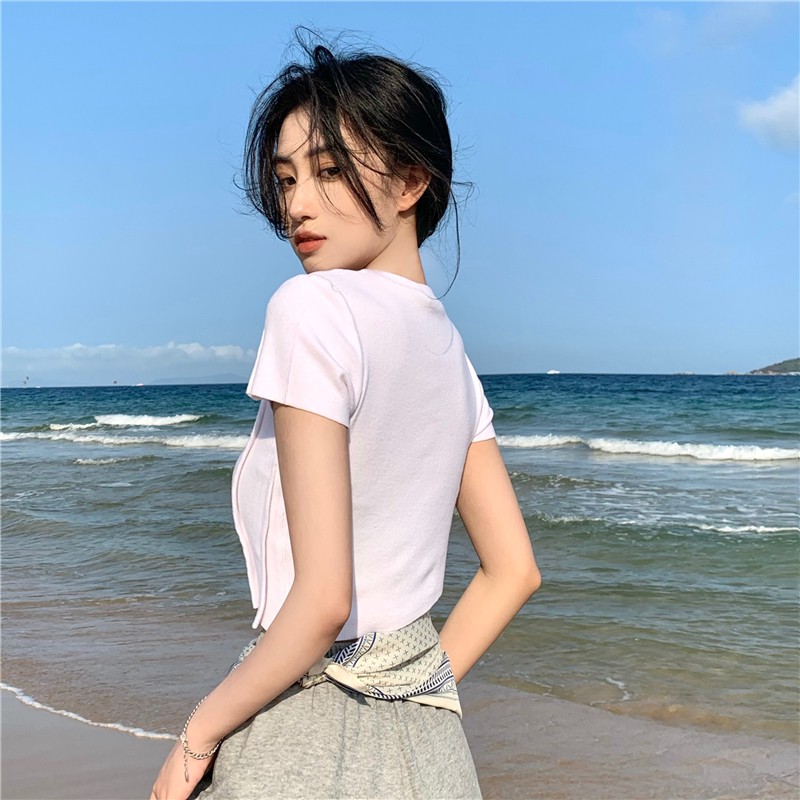 Cocory vn Áo croptop tay ngắn cổ tròn thiết kế độc cá tính cho nữ