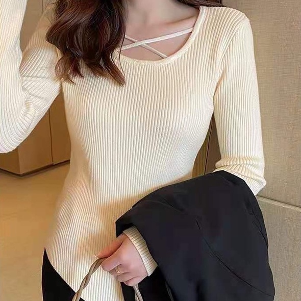 【ZHELIHANGFEI】Áo Dệt Kim Tay Dài Thiết Kế Đan Chéo Ngực Quyến Rũ