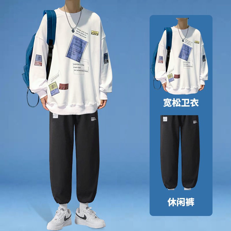 suit nam Xuân hè Áo len dài tay rộng phong cách Hàn Quốc hợp thời trang quần thể thao học sinh plus size bình thư