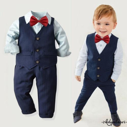 ➤♕❀❤4pcs Kids Baby Clothes Boys Sets Solid Shirts Tops+Vest+Pants Wedding Tuxedo Formal Dressy Suit