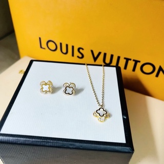 dây chuyền + bông tai Lv mạ vàng