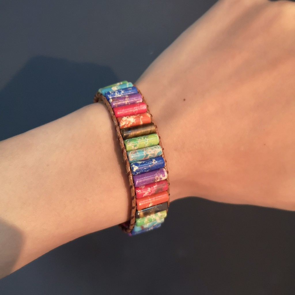 Vòng đeo tay RINHOO dây da đính hạt đá vuông kim loại chạm khắc tinh xảo thời trang