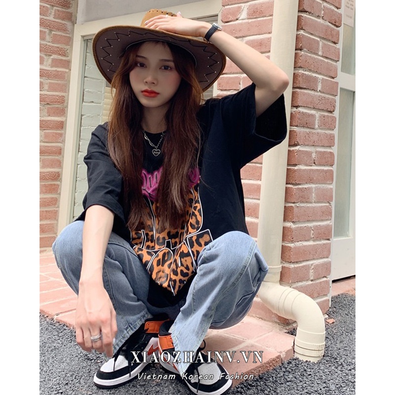 Xiaozhainv Áo Thun Tay Ngắn Dáng Rộng In Họa Tiết Da Báo Phong Cách Hàn Quốc Cá Tính Cho Nữ