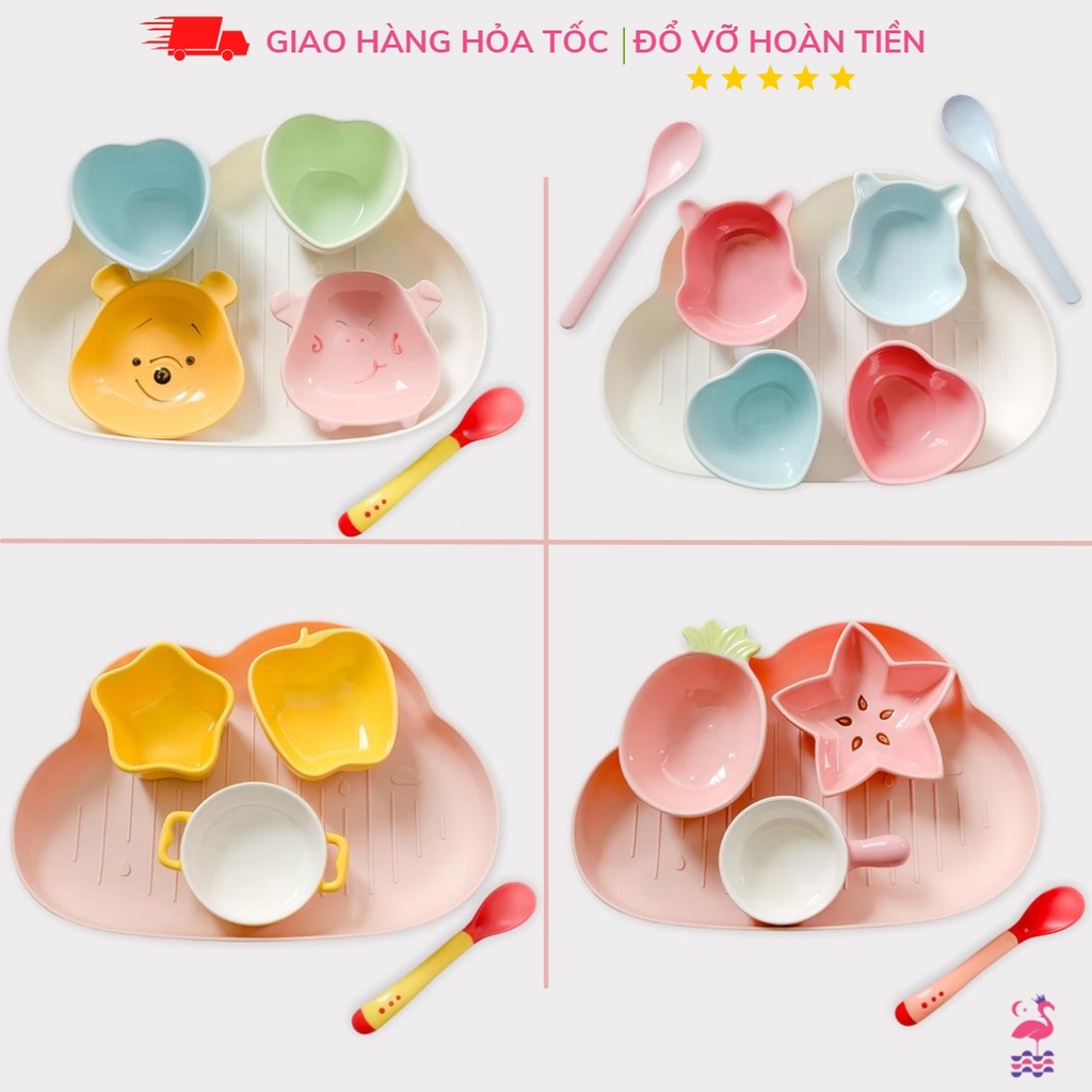 Bộ Bát Ăn Dặm Cho Bé Từ 5 Tháng Kiểu Nhật Ấm Gift &amp; Decor Gồm Khay, Bát, Thìa Gốm Sứ Tráng Men Cao Cấp