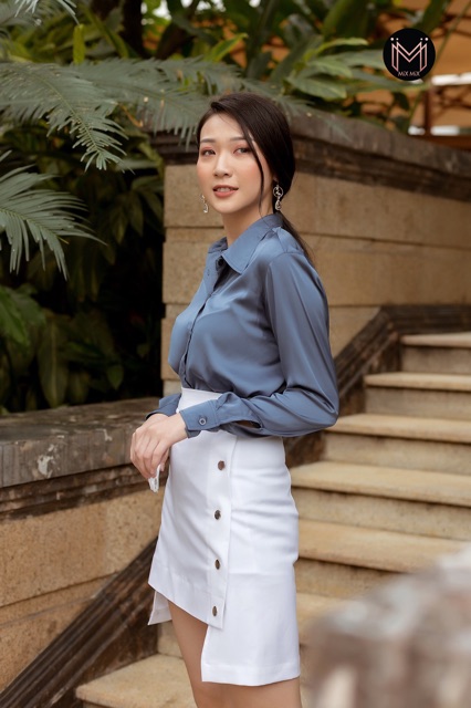Áo sơ mi lụa màu xanh xám - MIXMIX - Hàng thiết kế - Hình thật
