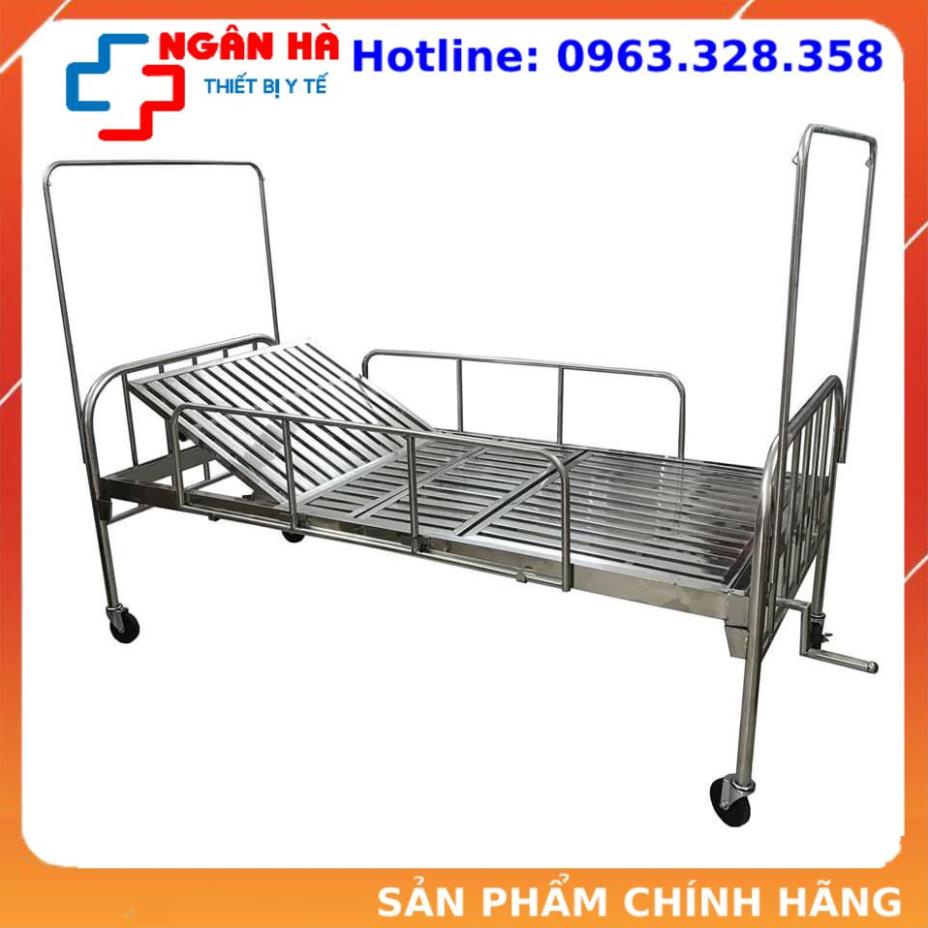 Giường bệnh nhân, Giường bệnh nhân inox 1 tay quay có thành giường cọc màn, bánh xe  - liên hệ với shop trước khi đặt