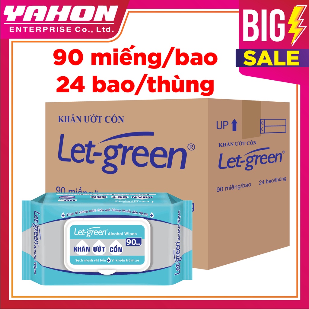 Thùng 24 Bao Khăn Ướt Cồn Let-green 90 Miếng/Gói