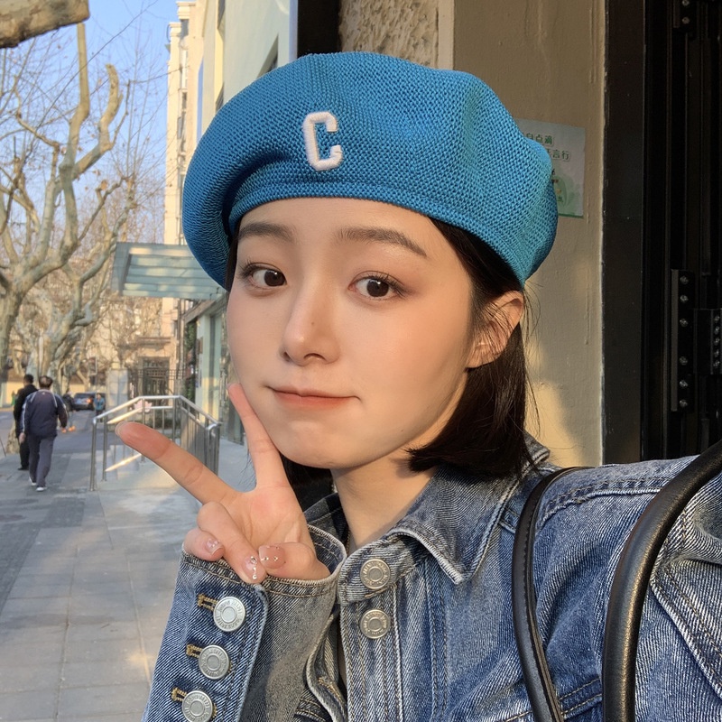 Mũ beret mỏng thoáng khí màu xanh dương phong cách họa sĩ dễ thương thời trang xuân hè cho nữ