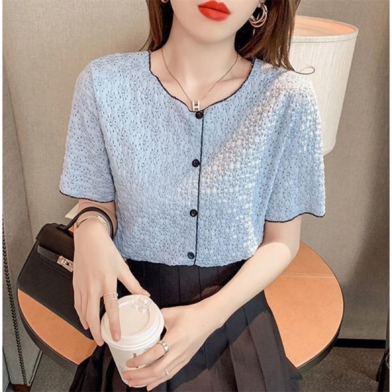 Áo sơ mi ren thiết kế nữ kiểu cổ tròn tay ngắn phong cách trẻ trung sang trọng New Arival