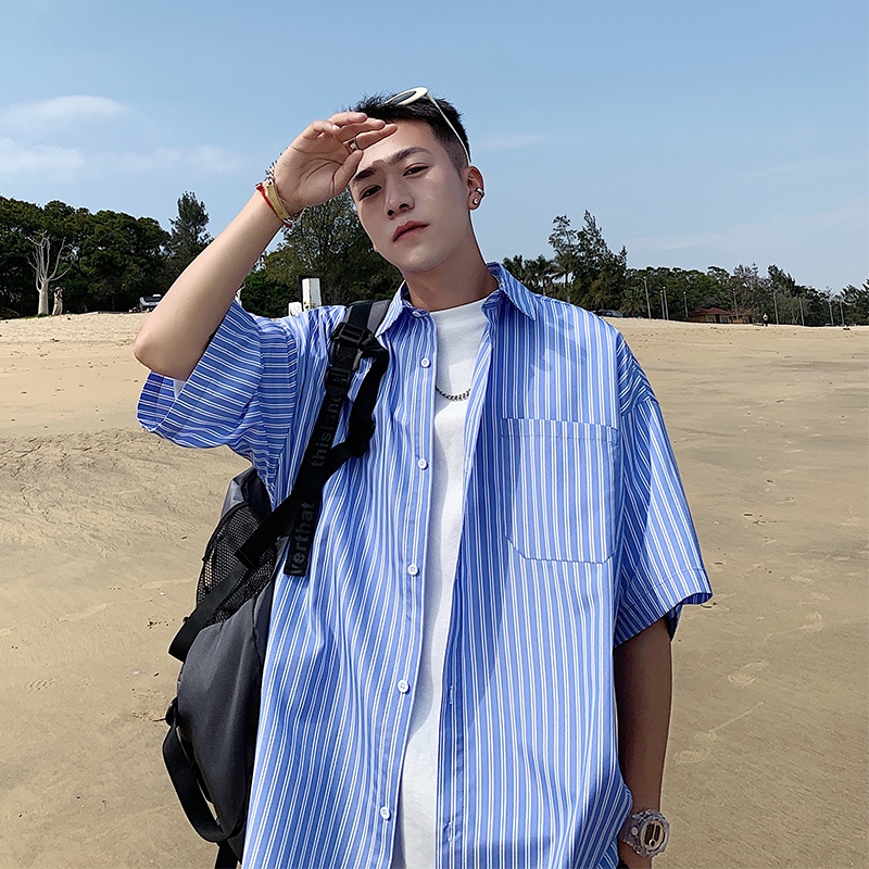 Áo Sơ Mi Tay Ngắn Họa Tiết Sọc Thời Trang Phong Cách Hàn Cho Nam