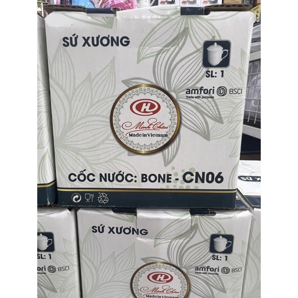 Ly Sứ Trắng Có Nắp Sứ Xương Minh Châu-MC-CN06-350ML-Cao Cấp