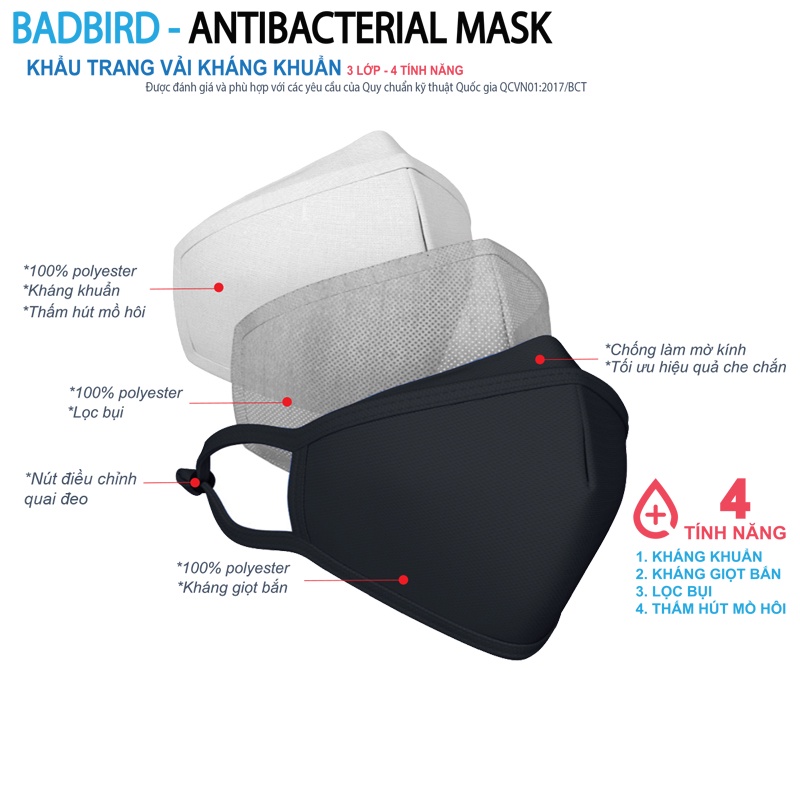 Khẩu Trang Vải Y Tế Kháng Khuẩn Cao Cấp BADBIRD 3 Lớp 4 Tính Năng, Antibacterial Mask, Khẩu Trang Vải Thương hiệu Việt