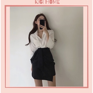 Set chân váy lệch tà công sở kèm áo sơ mi basic ( Ảnh thật)