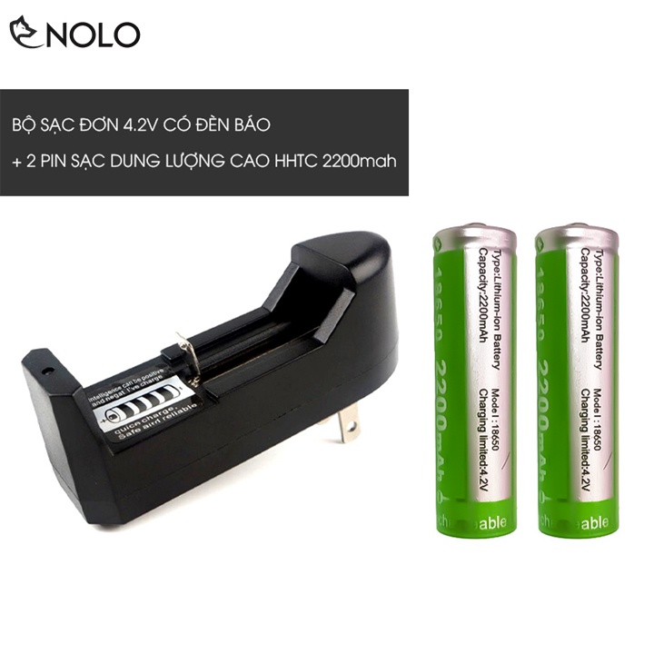 Combo Sạc Đơn 4,2v Có Đèn Báo Và 2 Pin Sạc IMR 18650 Dung Lượng Cao HHTC 2200mah Vỏ Xanh Dùng Cho Quạt Đèn Pin Loa Máy N