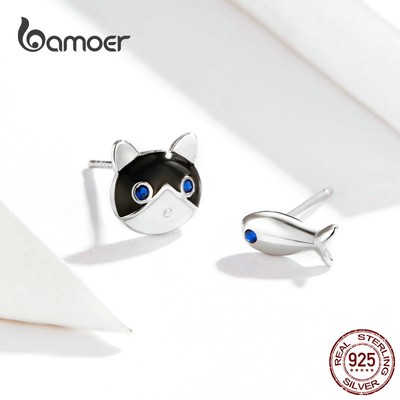 Bamoer Bông Tai Bạc sterling Hình Mèo Và Cá Màu Trơn Cho Nữ