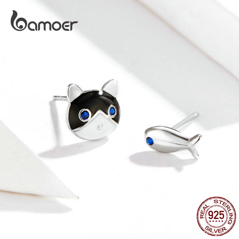 Bamoer Bông Tai Bạc sterling Hình Mèo Và Cá Màu Trơn Cho Nữ
