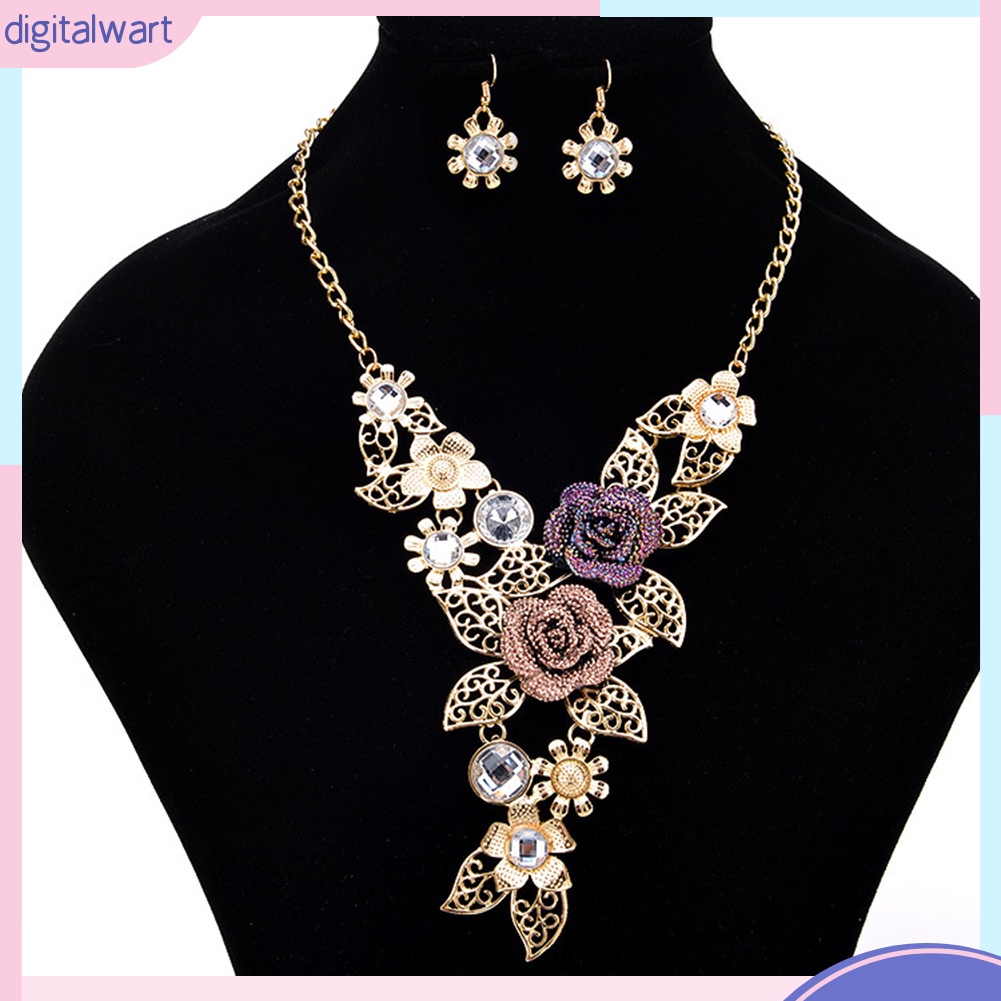 Bộ Vòng cổ + Bông Tai Hình Hoa Lá Có Đính Kim Cương Giả Cho Nữ